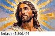 Portrait of a Man Dressed as Jesus. White robe. Long brown hair and beard. Man appears to be in his early 30s, and he has a serious expression on his face. Christian religion and faith. AI. Стоковое AI-изображение, AI-художник Юлия Петровская / Фотобанк Лори