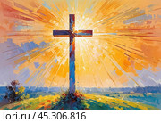 A stunning sunset illuminates a large wooden cross, radiating colorful rays of light. In the distance, a quaint chapel completes this serene rural landscape. A radiant sun shining through a cross. AI. Стоковое AI-изображение, AI-художник Юлия Петровская / Фотобанк Лори