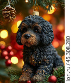 Funny Newfoundland puppy on a Christmas tree, bright Christmas tree toy. New Year's decor. Festive New Year's atmosphere. Стоковое AI-изображение, AI-художник Сергей Елизарьев / Фотобанк Лори