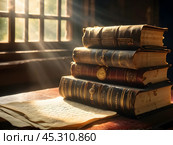 Стопка старинных книг, расположенные на столе перед окном. Стоковое AI-изображение, AI-художник Ирина Першина / Фотобанк Лори