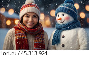 Winter. Happy New Year and Merry Christmas. Funny snowmen on a blurred background made of a beautiful side of colored lights. New Year's festive atmosphere. Стоковое AI-изображение, AI-художник Photojuli / Фотобанк Лори