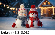 Winter. Happy New Year and Merry Christmas. Funny snowmen on a blurred background made of a beautiful side of colored lights. New Year's festive atmosphere. Стоковое AI-изображение, AI-художник Photojuli / Фотобанк Лори