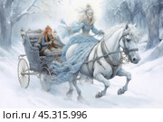 A winter scene in which an elegant lady in a long blue dress and fur hat drives a white horse harnessed to an elegant sleigh. The horse is beautifully decorated, and its snow-white coat harmonizes with the snow-covered forest around it. In the sleigh sits another woman with fiery red hair, dressed in warm clothes and a fur cape, lost in her thoughts. The fairy-tale atmosphere and winter tones create a magical feeling of celebration and tranquility. Стоковое AI-изображение, AI-художник Анна Кривицкая / Фотобанк Лори