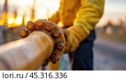 Техническое обслуживание трубопроводов нефтегазовой отрасли весной на закате. Стоковое AI-изображение, AI-художник ФотоИнтеллект / Фотобанк Лори