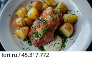 Изысканное утиное конфи с хрустящей корочкой и картофелем для кулинарных изысков. Стоковое AI-изображение, AI-художник ФотоИнтеллект / Фотобанк Лори