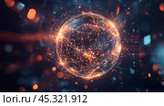 A glowing digital globe surrounded by interconnected lines and nodes illustrating data flow in a futuristic setting. Стоковое AI-изображение, AI-художник Сергей Толмачёв / Фотобанк Лори