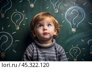 Development and education of children. A thoughtful boy on a dark background with a light bulb and question marks . Brainstorming and the concept of an idea. Стоковое AI-изображение, AI-художник Photojuli / Фотобанк Лори