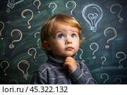 Development and education of children. A thoughtful boy on a dark background with a light bulb and question marks . Brainstorming and the concept of an idea. Стоковое AI-изображение, AI-художник Photojuli / Фотобанк Лори