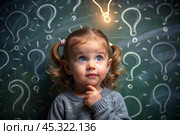 Development and education of children. A thoughtful girls on a dark background with a light bulb and question marks . Brainstorming and the concept of an idea. Стоковое AI-изображение, AI-художник Photojuli / Фотобанк Лори