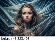 The girl is wrapped in cellophane or a bag. The girl is suffocating. Plastic pollution of the planet. Environmental hazard. Reducing the reuse of plastic. Recycling. The concept of garbage. Стоковое AI-изображение, AI-художник Photojuli / Фотобанк Лори