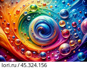 Abstract background. A bright colorful whirlpool of multicolored paints, splash, splash. Bubbles and drops of water. Стоковое AI-изображение, AI-художник Photojuli / Фотобанк Лори