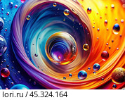 Abstract background. A bright colorful whirlpool of multicolored paints, splash, splash. Bubbles and drops of water. Стоковое AI-изображение, AI-художник Photojuli / Фотобанк Лори