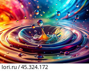 Abstract background. A bright colorful whirlpool of multicolored paints, splash, splash. Bubbles and drops of water. Стоковое AI-изображение, AI-художник Photojuli / Фотобанк Лори