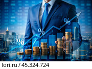 The concept of value growth in real estate, energy efficiency rating. Real estate online on virtual screens. New family housing, apartment purchase, house search, land price, real estate tax. Стоковое AI-изображение, AI-художник Photojuli / Фотобанк Лори