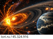 An image of a magnetic storm, a solar flare covering the earth, the sun, the globe. Feeling unwell. Solar radiation. Стоковое AI-изображение, AI-художник Photojuli / Фотобанк Лори