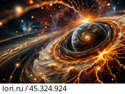 An image of a magnetic storm, a solar flare covering the earth, the sun, the globe. Feeling unwell. Solar radiation. Стоковое AI-изображение, AI-художник Photojuli / Фотобанк Лори