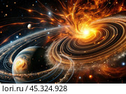 An image of a magnetic storm, a solar flare covering the earth, the sun, the globe. Feeling unwell. Solar radiation. Стоковое AI-изображение, AI-художник Photojuli / Фотобанк Лори