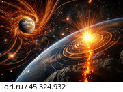 An image of a magnetic storm, a solar flare covering the earth, the sun, the globe. Feeling unwell. Solar radiation. Стоковое AI-изображение, AI-художник Photojuli / Фотобанк Лори