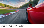 Sleek red sports car speeds around a sharp racetrack curve, AI. Стоковое AI-изображение, AI-художник Сергей Старуш / Фотобанк Лори