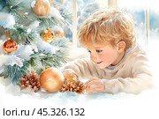 Веселый малыш у новогодней елки с елочными игрушками. Стоковое AI-изображение, AI-художник Щеголева Ольга / Фотобанк Лори