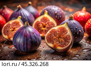 There are a lot of figs with a delicate purple skin and in the cut. A frame showing the natural texture and color. Close-up of fruits. Стоковое AI-изображение, AI-художник Photojuli / Фотобанк Лори
