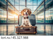 A stylish puppy on a journey, a charming funny dog sitting in an open suitcase. The concept of summer holidays and travel with animals. Стоковое AI-изображение, AI-художник Photojuli / Фотобанк Лори