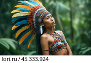 Amazon Indian woman. Vibrant Feather Headdress, Jungle Environment, Lush Greenery, Traditional Beaded Jewelry, Cultural Representation, Natural jungle Backdrop, Exotic Location, Rich Biodiversity. Стоковое AI-изображение, AI-художник Павел Муравьев / Фотобанк Лори