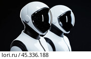 Futuristic robots with sleek white armor and reflective visors stand side by side, AI. Стоковое AI-изображение, AI-художник Сергей Старуш / Фотобанк Лори