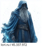 A mystical blue-robed figure with a long beard stands in an ethereal environment filled with shimmering particles, evoking a sense of magic and wonder. Стоковое AI-изображение, AI-художник Елена Зубкова / Фотобанк Лори