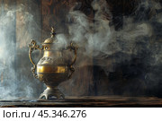 Antique metallic censer releasing incense smoke on a wooden surface. Стоковое AI-изображение, AI-художник Иван Рябоконь / Фотобанк Лори
