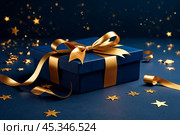 Dark blue Christmas present gift box with elegant gold bow ribbon on dark blue near stars. Greeting gift symbolize sophisticated holiday gifting. Birthday Christmas festive concept. Copy ad text space. Стоковое AI-изображение, AI-художник Aleksandr Golubev / Фотобанк Лори