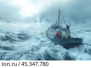 A ship struggling with rough waves in harsh arctic waters with snow-capped mountains in the background. The dark sky covered with clouds and the snow storm create a dramatic atmosphere. The sea is raging, the waves are high around the ship, enhancing the feeling of danger and the power of nature. This image is perfect for a stock website with themes of arctic expeditions, adventures, the power of nature and seafaring. Стоковое AI-изображение, AI-художник Анна Кривицкая / Фотобанк Лори