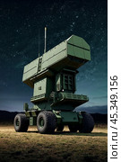 Modern green color air defence radar of military mobile missile launcher system at night starry sky background. Air defense installation outdoors. Concept of modern army industry. Copy ad text space. Стоковое AI-изображение, AI-художник Aleksandr Golubev / Фотобанк Лори