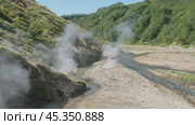 Hot springs and fumaroles in Valley of Geysers. Стоковое видео, видеограф Михаил Коханчиков / Фотобанк Лори