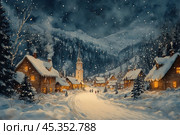 A cozy winter village in the mountains at night. Houses with lit windows, snow-covered roofs and tall fir trees create an atmosphere of coziness and celebration. In the center you can see a tall clock tower surrounded by houses. The sky is covered with snowfall, adding to the magic of a winter evening to the scene. Fluffy snow lies everywhere, and a narrow road leads deep into the village, where silhouettes of people walking along the street are visible. Стоковое AI-изображение, AI-художник Анна Кривицкая / Фотобанк Лори