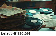 A vintage collection of vinyl records and old newspapers scattered on a wooden table in a cozy, dimly lit room. Стоковое AI-изображение, AI-художник Сергей Толмачёв / Фотобанк Лори