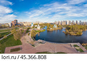 Aerial top View to St. George the Victorious Georgievskaya, Sergius Of Radonezh and Church Nativity of Christ and Srednerogatsky pond. Pulkovsky park. Saint Petersburg. Russia. Europe (2020 год). Стоковое фото, фотограф Алексей Ширманов / Фотобанк Лори