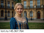 A beautiful blonde girl in a 19th century dress in an old palace. Стоковое AI-изображение, AI-художник Александр Поташев / Фотобанк Лори