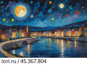 A moonlit night over the river in the Kandinsky style. Fantasies on the theme of Kandinsky's paintings. Стоковое AI-изображение, AI-художник Александр Поташев / Фотобанк Лори