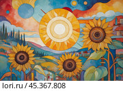 Sunflowers in the sun in the Kandinsky style. Fantasies on the theme of Kandinsky's paintings. Стоковое AI-изображение, AI-художник Александр Поташев / Фотобанк Лори