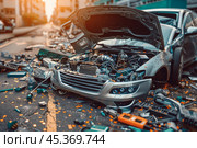 Wrecked car with open hood sitting in junkyard full of scrapped vehicles. Стоковое AI-изображение, AI-художник Иван Рябоконь / Фотобанк Лори