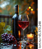 A bottle of wine, a glass, bunches of dark grapes on a wooden table. Rain. Autumn mood. Still life. Стоковое AI-изображение, AI-художник Сергей Елизарьев / Фотобанк Лори