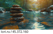 Stacked Stones in Water. Sea stones balance and wellness spa concept, inspiration, Zen like and well being tranquil composition. Close-up of zen stones. Стоковое AI-видео, аниматор Ирина Михайличенко / Фотобанк Лори