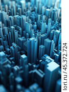 Futuristic cityscape with towering blue skyscrapers under a serene sky, AI. Стоковое AI-изображение, AI-художник Сергей Старуш / Фотобанк Лори