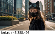 Quadrober. A girl in a cat outfit on a city street. Imitation of animal movement. Trends in teenage lifestyle, the impact of social networks on young people. Стоковое AI-изображение, AI-художник Photojuli / Фотобанк Лори