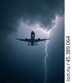 The aircraft encounters a severe thunderstorm, surrounded by dark clouds and illuminated by bright lightning strikes, highlighting the danger in the sky. Causes of air crashes. Generative AI. Стоковое AI-изображение, AI-художник Юлия Петровская / Фотобанк Лори