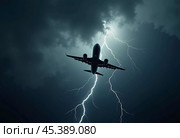 The aircraft encounters a severe thunderstorm, surrounded by dark clouds and illuminated by bright lightning strikes, highlighting the danger in the sky. Causes of air crashes. Generative AI. Стоковое AI-изображение, AI-художник Юлия Петровская / Фотобанк Лори