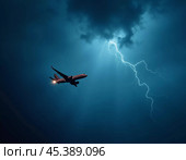 The aircraft encounters a severe thunderstorm, surrounded by dark clouds and illuminated by bright lightning strikes, highlighting the danger in the sky. Causes of air crashes. Generative AI. Стоковое AI-изображение, AI-художник Юлия Петровская / Фотобанк Лори