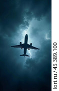 The aircraft encounters a severe thunderstorm, surrounded by dark clouds and illuminated by bright lightning strikes, highlighting the danger in the sky. Causes of air crashes. Generative AI. Стоковое AI-изображение, AI-художник Юлия Петровская / Фотобанк Лори