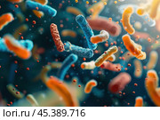 Microscopic view of bacteria floating in a dark environment. Стоковое AI-изображение, AI-художник Иван Рябоконь / Фотобанк Лори